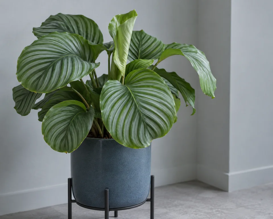 AI-generated Calathea orbifolia with striped leaves and a new unfurling leaf in a slate ceramic pot on a low metal stand