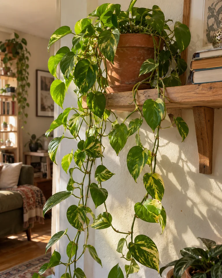 AI-generated golden pothos trailing from a terracotta pot on a sunlit wooden shelf in a cozy apartment