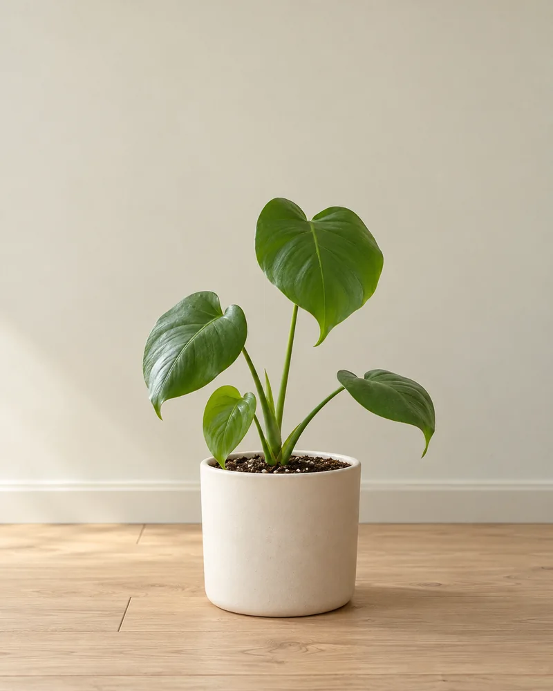 AI-generated: small juvenile monstera with four young leaves