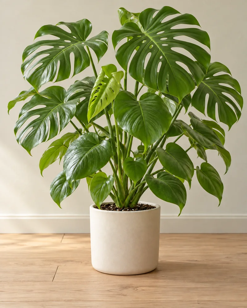 AI-generated: mature lush monstera with multiple large fenestrated leaves