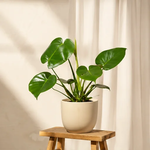 AI-generated Monstera growth example, month 1. A young plant with its first established leaves.